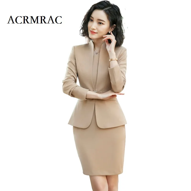 ACRMRAC женский летний костюм с длинным рукавом сплошной цвет тонкий пиджак платье бизнес OL формальное платье костюмы