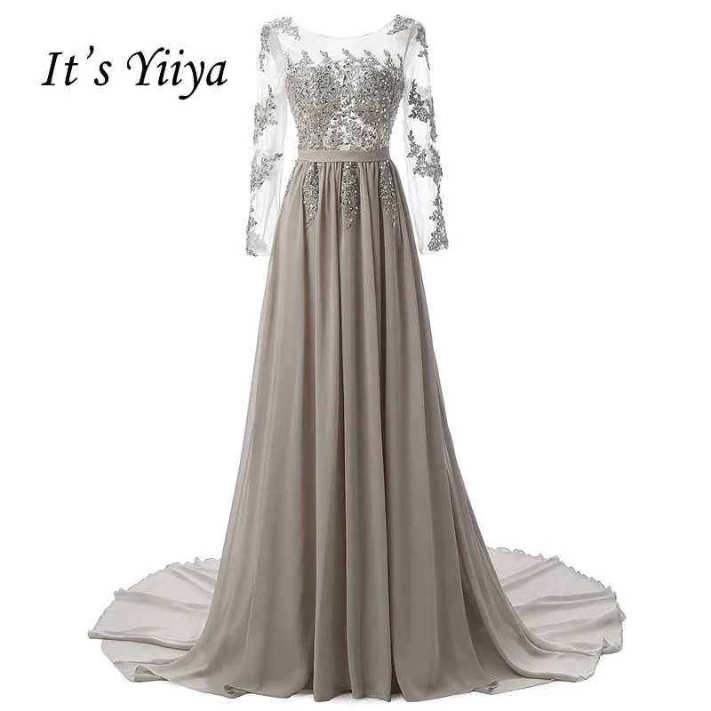 

It's Yiiya Illusion Backless Long Sleeves Zipper Tulle Appliques Lace Train Evening Dresses Draped Party Gown Prom Dress 2501-2