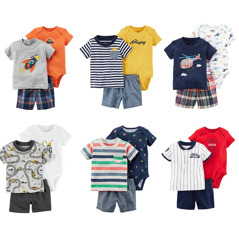 

3 Pieces INs Hot Sell Children's Clothing Baby Boy Cartoon Shorts Summer Cotton Short-sleeved T-shirt Shorts Robe Three-Piece