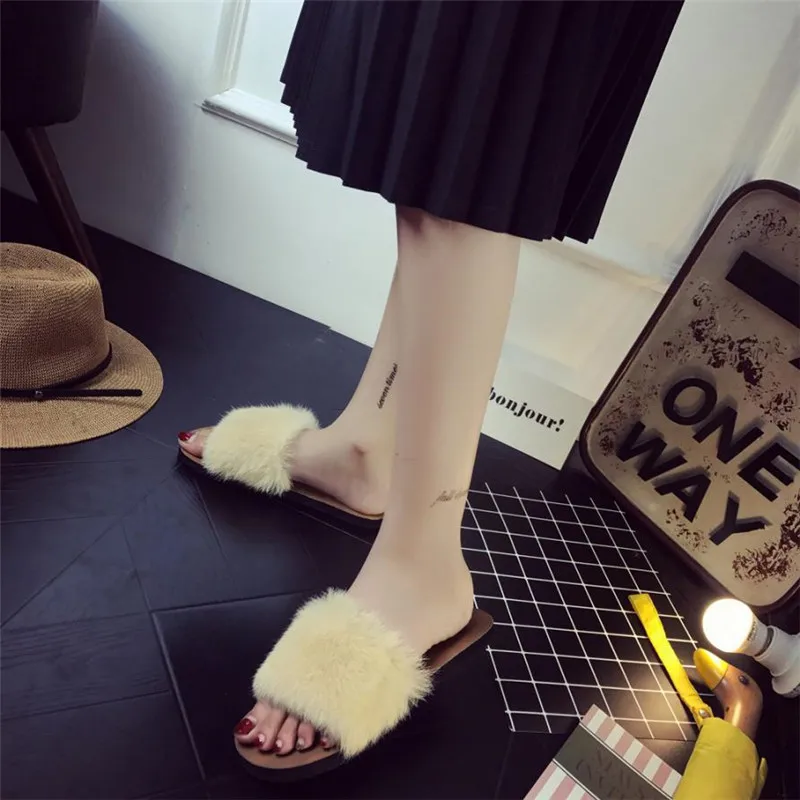 Summer Slippers Womens Ladies Slip On Sliders Fluffy Faux Fur Flat Slipper Sandal New Casual Shoes Woman zapatos mujer