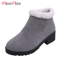 AicciAizzi Для женщин меховые зимние ботинки ботильоны женская обувь из флока на высоком каблуке на молнии, Цвет круглый носок Размер обуви 35–39