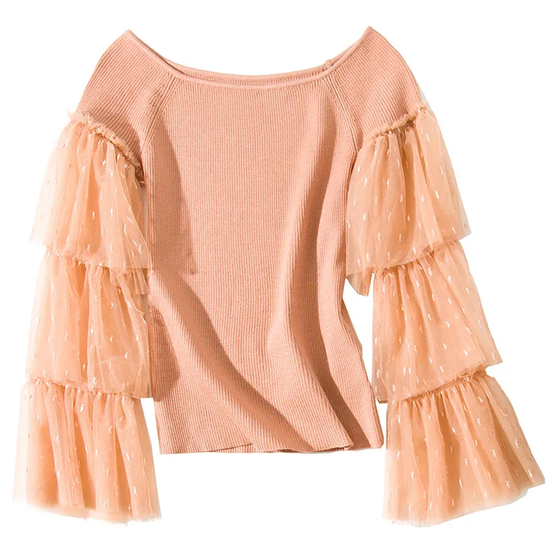 Solid mesh patchwork elastic knit sweater shirts 2018 new flare sleeve slash neck women autumn short sweater 