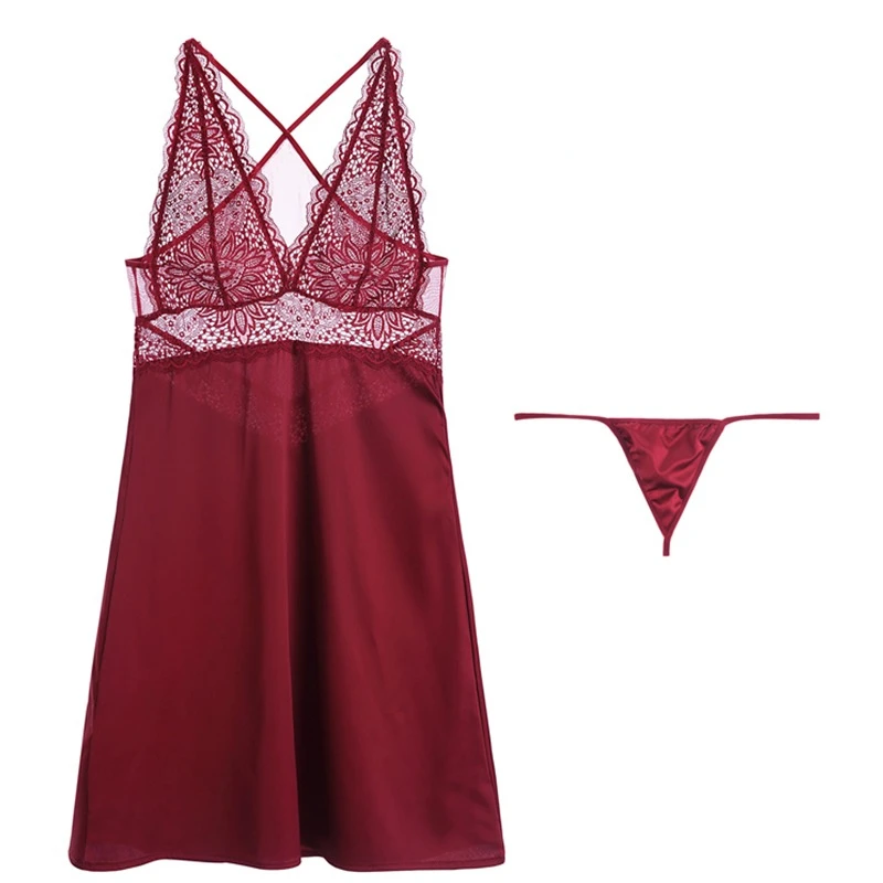 Сексуальная Женская одежда для сна летняя ледяная шелковая тонкая Длинная секция глубокий v-образный вырез кружева слинг ночная рубашка набор