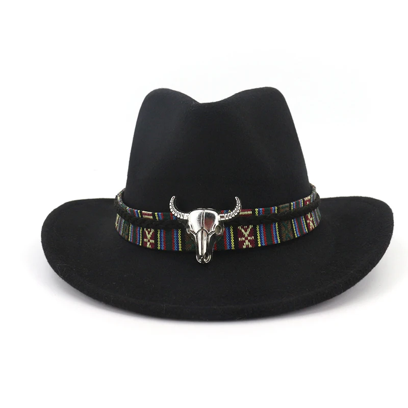 Ковбойская шляпа для джаза с широкими полями в западном стиле для мужчин и женщин, фетровая шляпа с металлической лентой, украшенная черной панамкой - Цвет: Черный