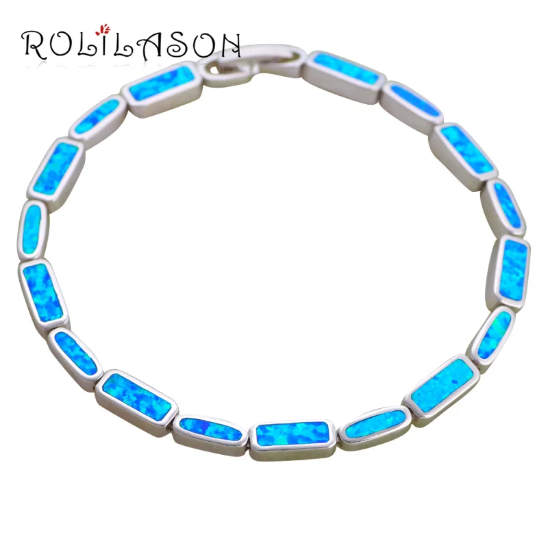 

ROLILASON Romantic Christmas Gift for Girl Blue Fire Opal Silver Stamped Charm Bracelets Fashion Jewelry OB069