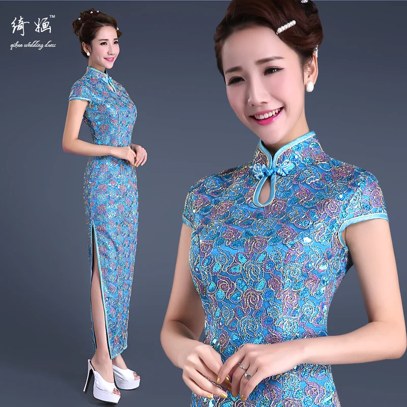 

1 шт./лот, длинное винтажное длинное платье Cheongsam с короткими рукавами на весну и лето, вечернее платье с блестками
