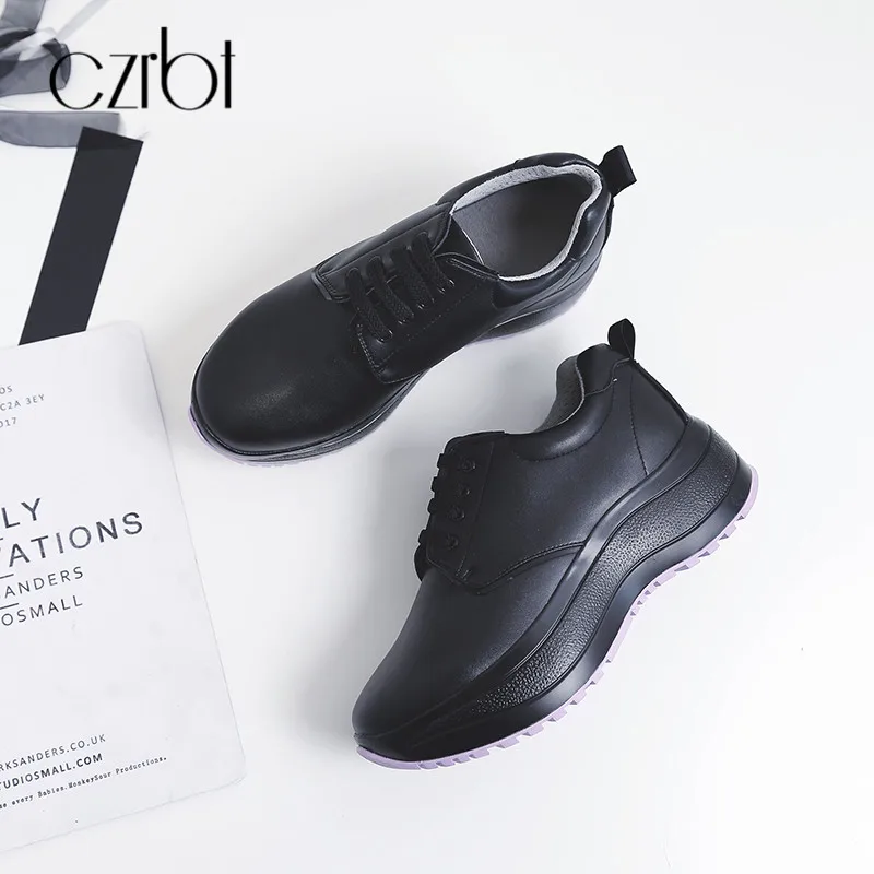 Cuir Haute Czrbt Épais Dames Chaussures Black Véritable Fond En Cm 5 Croissante Automne Hauteur Plate white Plates forme Femmes qq7pF