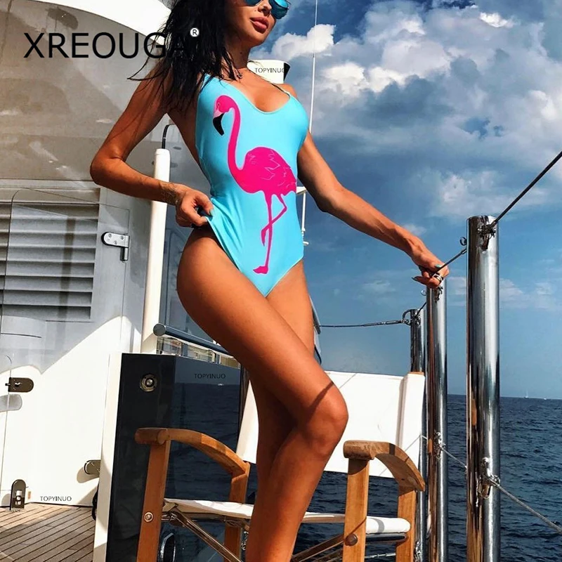 

XREOUGA Strappy Flamingo Bikini Set 2018 Cartoon Pattern Swimming Wear Women's Blue Swimsuits New Thong Maillot De Bain Femme