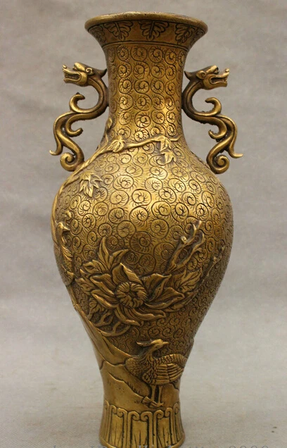 

shitou 001773 12" Folk Chinese Bronze Dynasty Palace Dragon Phoenix Peacock Statue Pot Vase