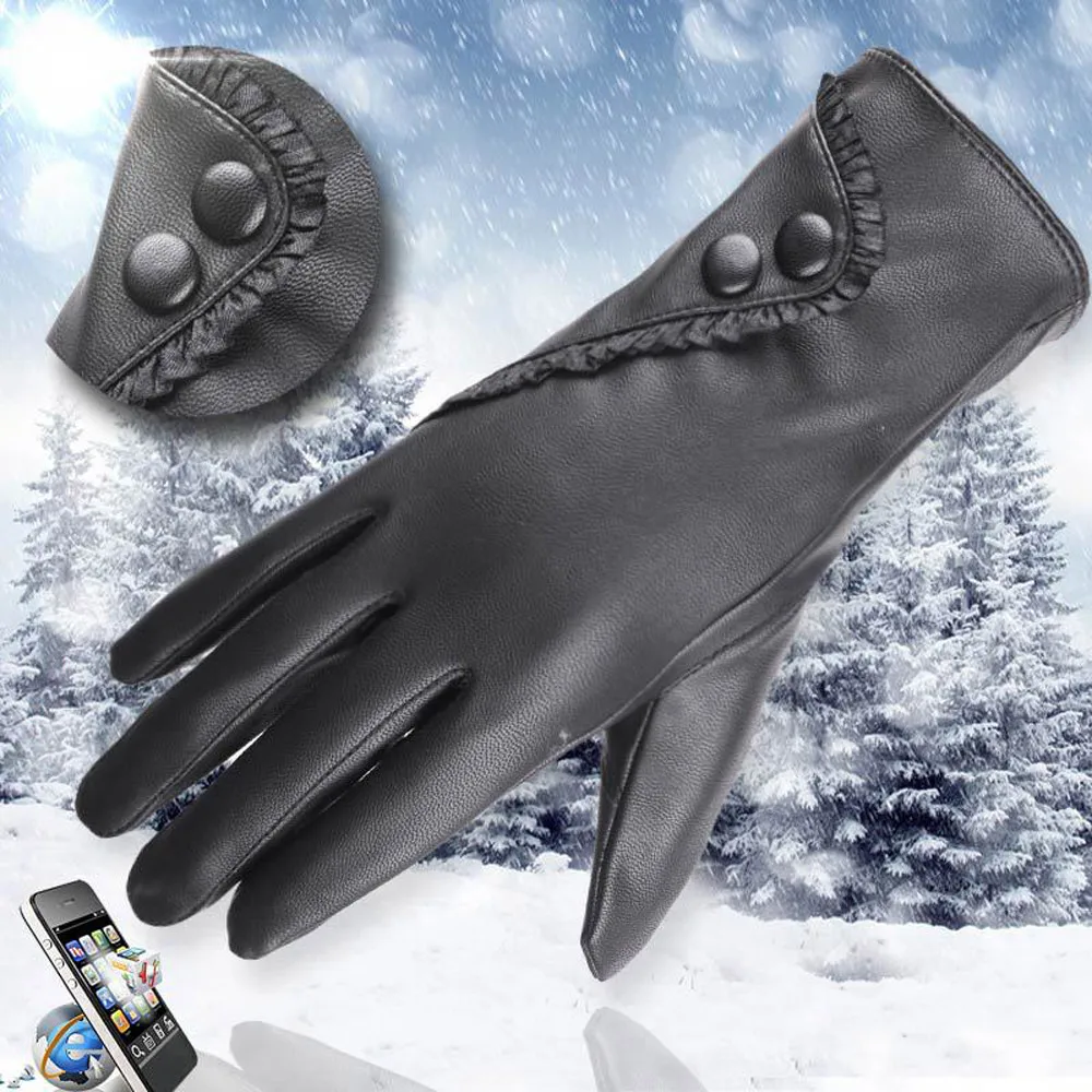 

FashionLeather Gloves Women Lady Full Finger Leather Gloves Winter Warm Mitten Gloves Female Xmas Gift Black#20