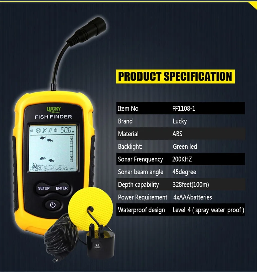 محظوظ صياد السمك FF1108-1 المحمولة السونار السلكية LCD Fishfinder عمق إنذار 100 متر 328 قدم AP الإلكترونية الصيد معالجة B3