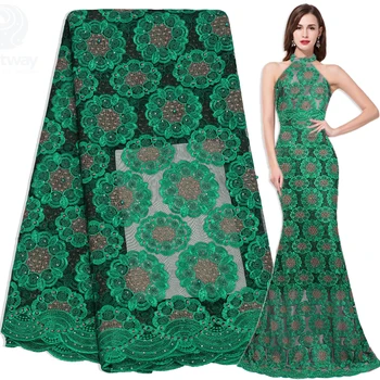 

New Green Flower Embroidered Tulle Lace African High Quality Net Fabric Bead Hot-Fix 5 Yard Party Women Dress French Lace Fabric