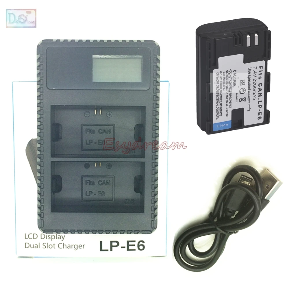LP-E6 ЖК-дисплей USB Dual Зарядное устройство + Батарея 2200 мА-ч для цифровой