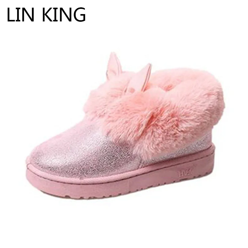 

LIN KING New Style Women Ankle Boots Solid PU Round Toe Short Boots Warm Winter Plush Thick Sole Slip-on Female Cotton Shoes
