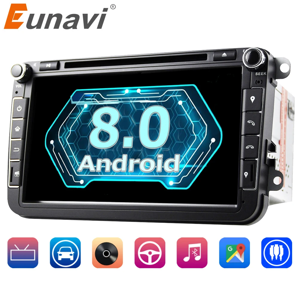 Eunavi 2 din 8'' Octa core Android 8.0 Car DVD Player GPS for VW Passat CC Polo GOLF 5 6 Touran EOS T5 Sharan Jetta Tiguan Radio