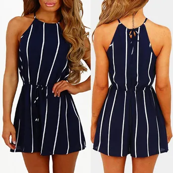 

2019 Summer Top Women Stripe Printing Off Shoulder Sleeveless Rompers Jumpsuit Playsuit