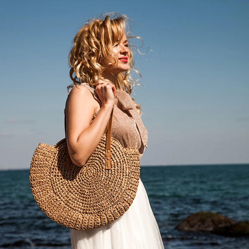  REREKAXI Hand-woven Round Woman's Shoulder Bag Handbag Bohemian Summer Straw Beach Bag Travel Shopp - 32884510075
