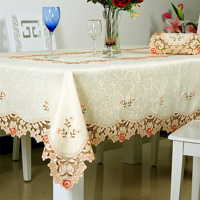 Luxury Tablecloth Set Beige Satin Dining Table Cover Jacquard Fabric