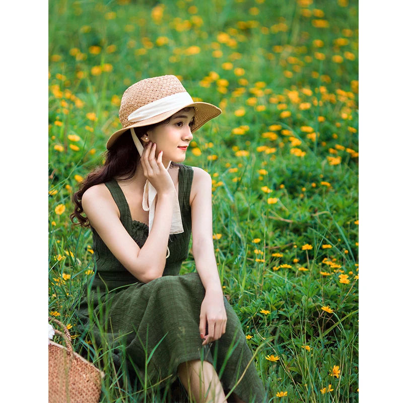 Линетт's chinoisery лето осень дизайн для женщин Винтаж Тонкий темно зеленый хлопок лен платья без рукавов