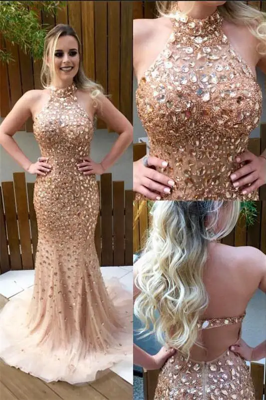 2017 Grandes Perles Robes De Soirée Col Haut Illusion Bling Cristal