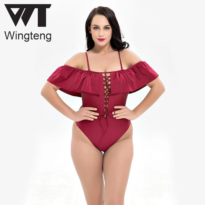 red off the shoulder one piece swimsuit