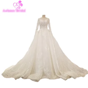 

AOLANES 2018 Luxury Long Sleeves Ivory Champagne Tulle Bridal Gown Scoop Royal Train Ball Gown Princess Vintage Wedding Dresses