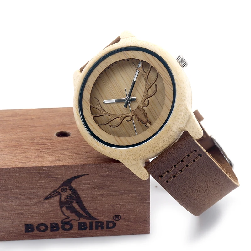 Deer Head Design Hollow Out Bamboo Wood Quartz Watch With Leather Strap Men Casual Watches