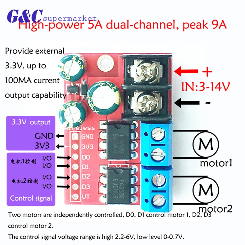 

5A 2-way DC Motor Drive Module PWM Speed Regulation Dual H Bridge Super L298N