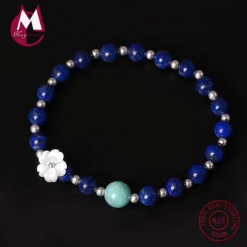 

100% 925 Sterling Silver Women's Bracelet Bangle Natural Lapis Crystal Flower Bracelets Trendy Round Bangle Fine Jewelry YB23
