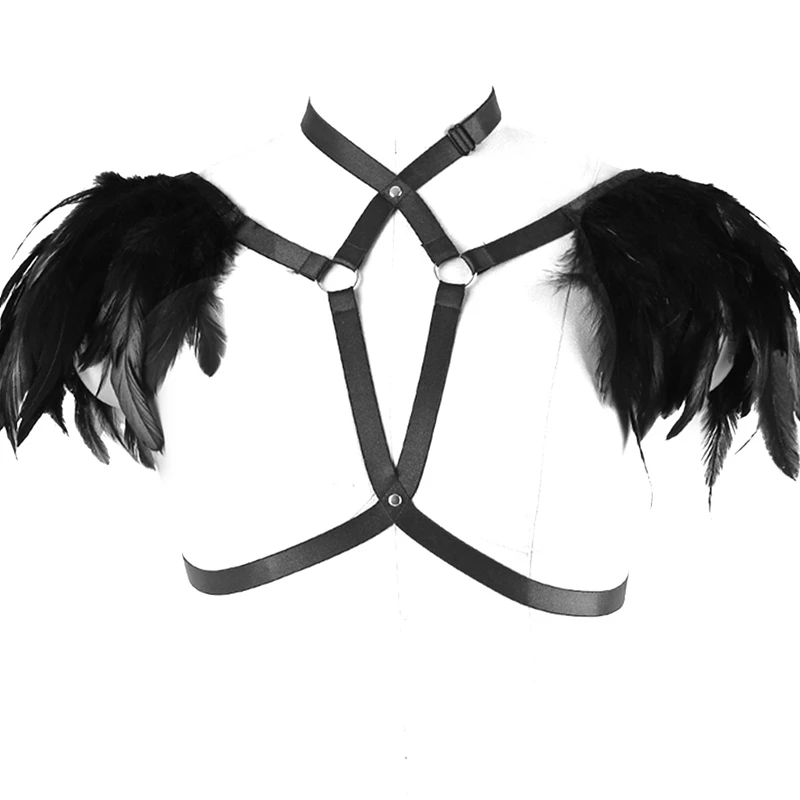

Womens Black Feather bralette Tops Epaulettes Goth Boho Lingerie Mad max Festival Rave BurningMan Bra Body harness dance costume