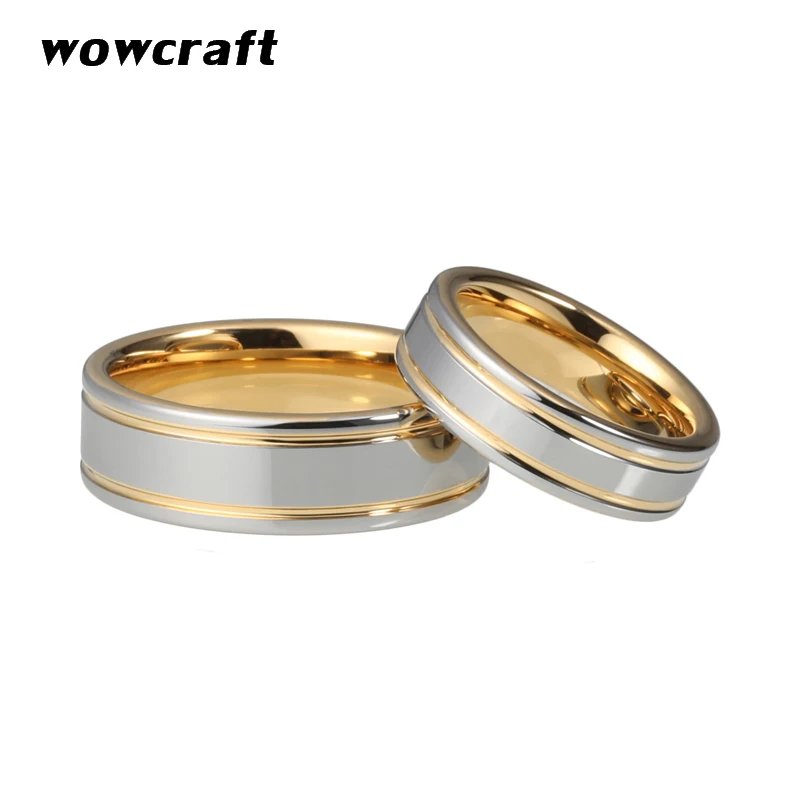 Золотые кольца из карбида вольфрама для пары, обручальное кольцо для влюбленных с двойными канавками, полированное блестящее серебро