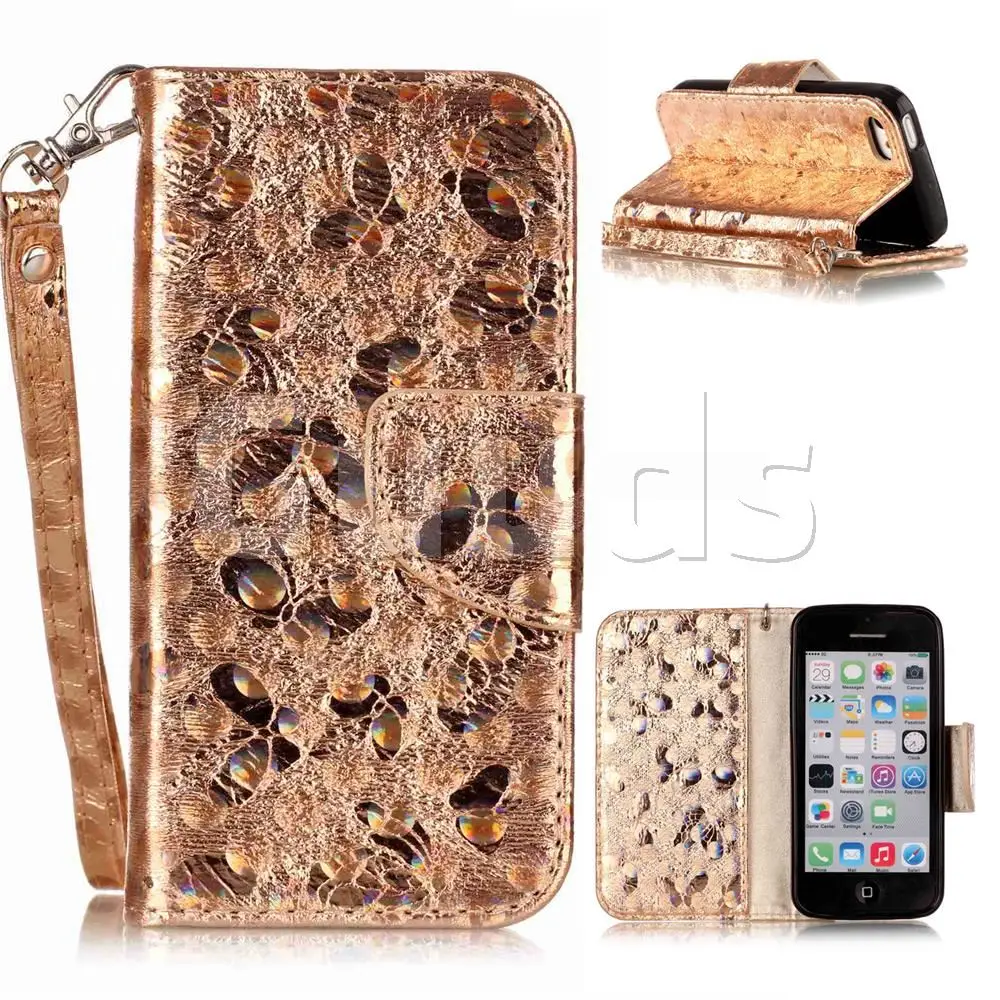 Luxury Laser Butterfly Optical Maser Leather Wallet Case for iPhone 5c - Golden