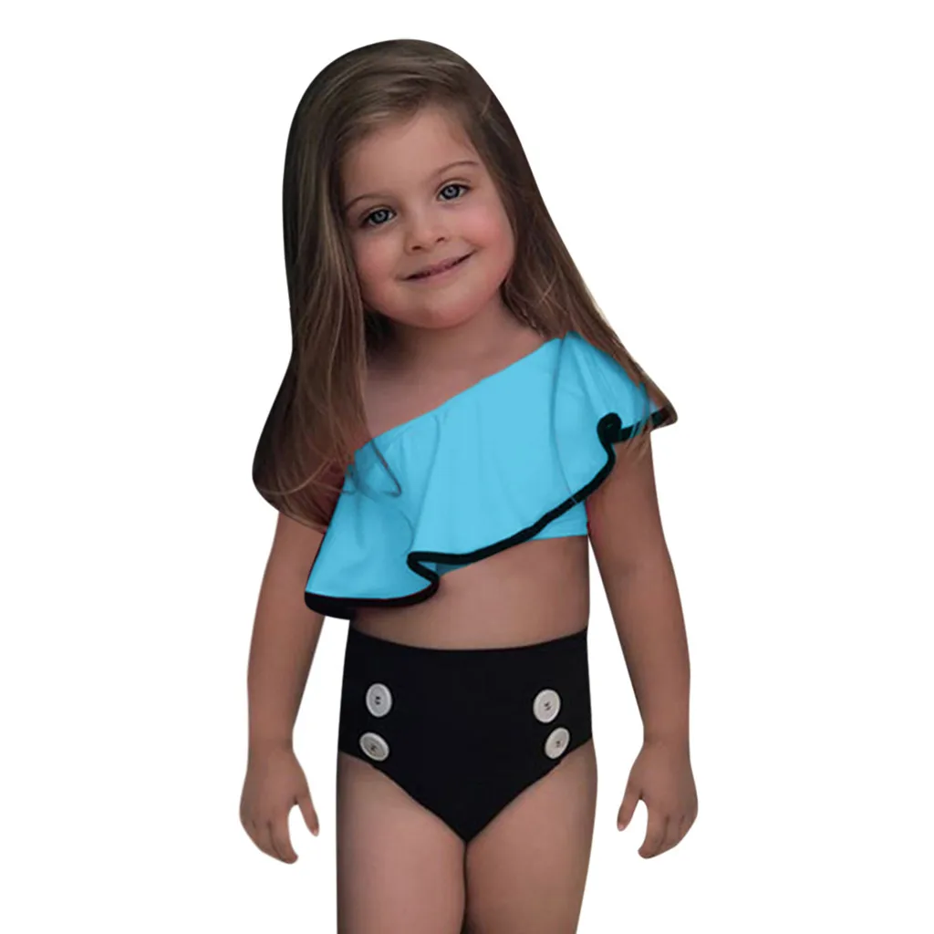 Summer Kids Baby Girls Solid Print Ruffles Swimwear Swimsuit Bikini Outfits(Blue - Цвет: 2-3 Years