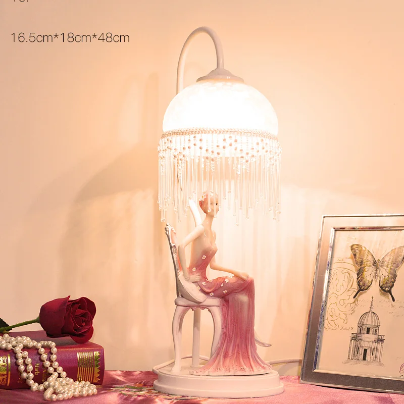 

Vintage Creative Art Elegant pink dress lady sitting on a stool Table Lamp E27 Living Room Bedroom Bedside Resin Deco Desk Light