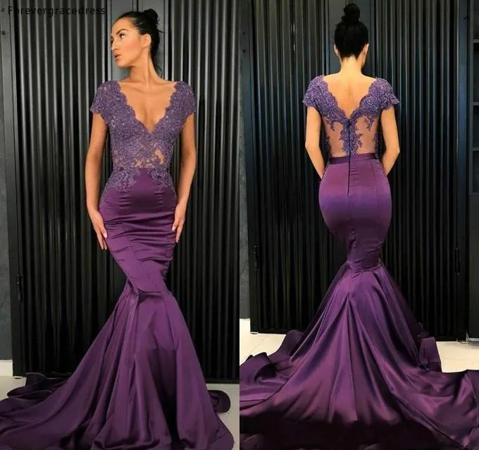 2019 Elegant Purple Mermaid Prom Dresses Sexy Illusion Bodice V Cut Backless Applique Floor Length Evening Party Gowns Formal BC0206  146 (6)