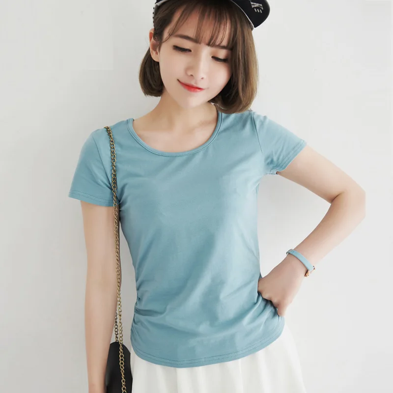 

2016 Student Summer Short-sleeved Cotton Shirt Slim Simple Solid Color Female Round neck Fashion Casual T-shirt