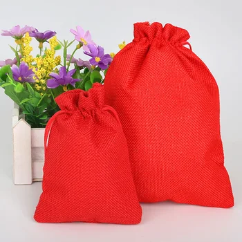 

Red 5pcs Cotton Linen Drawstring Wedding Jewelry Decorative Bags Christmas/Wedding Gift Bags Pouch Product Packaging Bags