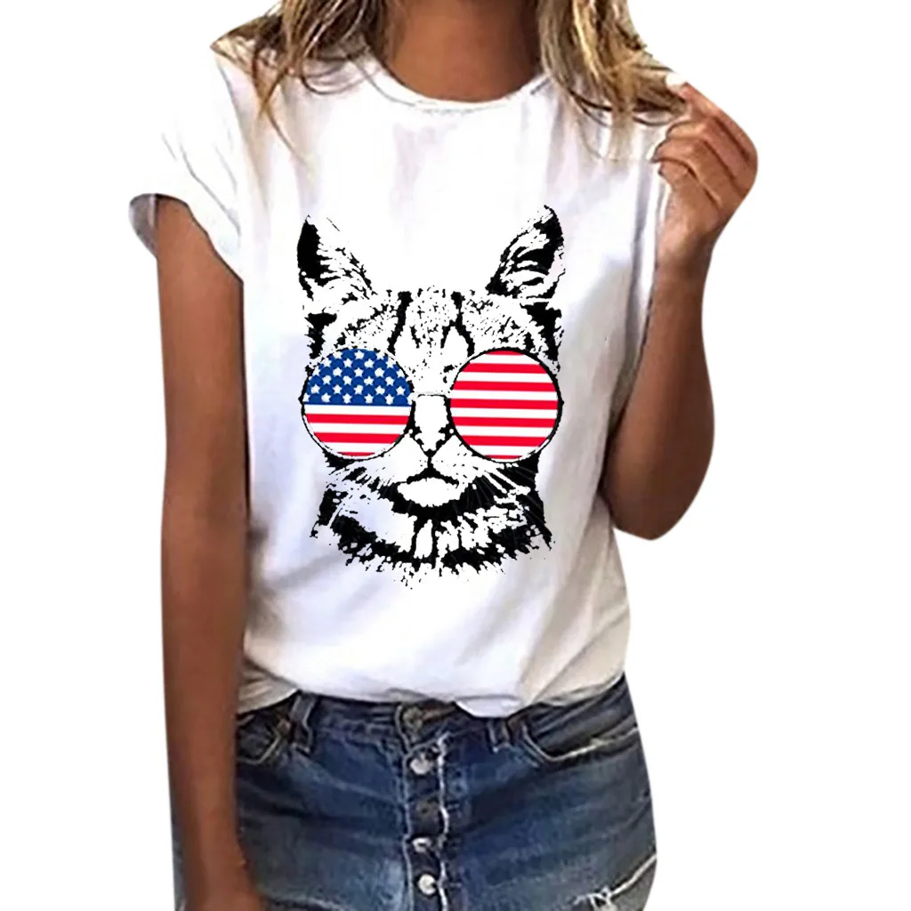 

SAGACE Harajuku Tshirts women Girls Summer 2019 Plus Size American Flag Cat Print Tees Shirt Short Sleeve Top funny Tshirt tops