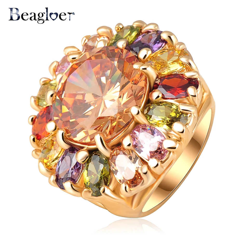 Beagloer Beautiful Nice Flower Ring Gold Color Girl Rings Made With Colourful Elements Austrian Crystals 23*25mm Ri-HQ0295