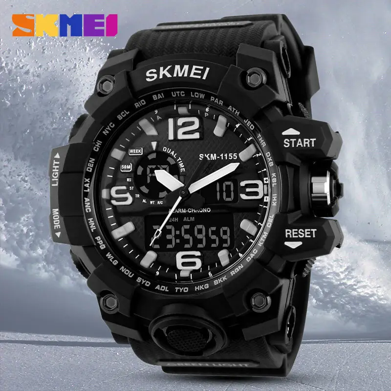 

SKMEI Big Dial Men Digital Watch Military Sports Watches Waterproof Calendar Chronograph LED Dual Time Display Wristwatches 1155