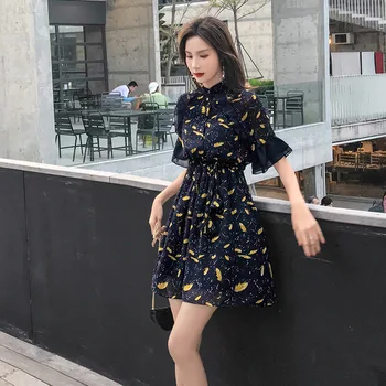 

2019 black lace dress Korean print temperament lady long sleeve pleated skirt slim trumpet sleeve dress