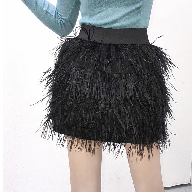 Wreeima модная юбка из страусиных перьев, женская повседневная юбка трапециевидной формы с эластичной талией, черные белые короткие мини юбки с кисточками для вечеринок
