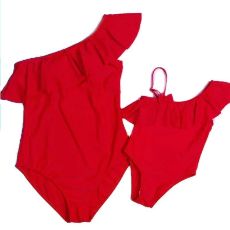 

One Shoulder Solid Red Swimsuit Mother Daughter Family Look Mommy And Me Clothes Swimwear Mom Daughter Matching Dress Outfits