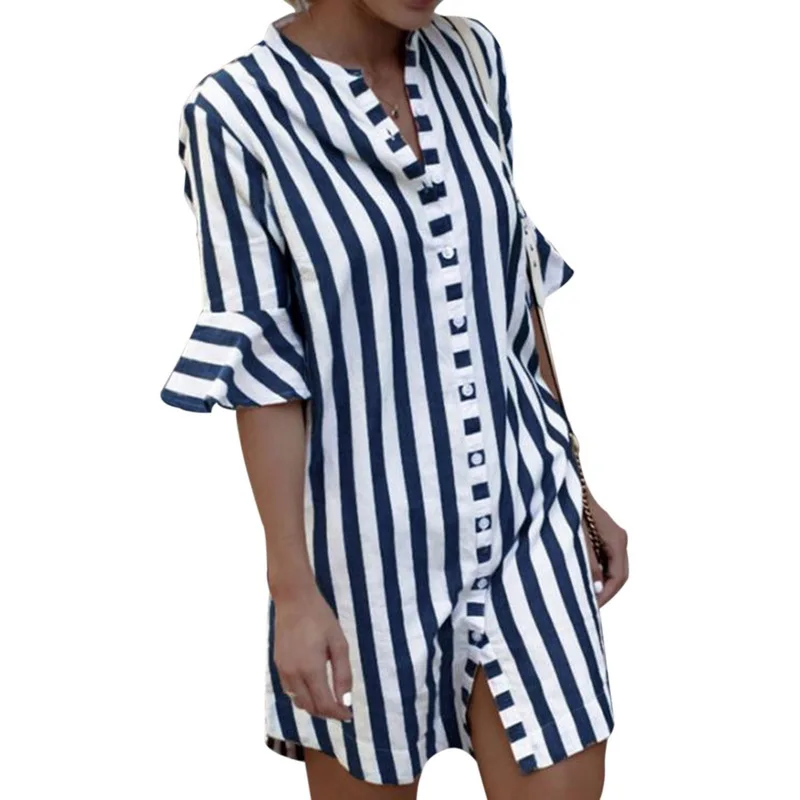 

2019 Women Blouse Dress Ladies Striped Long Shirt Dress Loose Button Women's Black White Striped Half Sleeve Vintage Female
