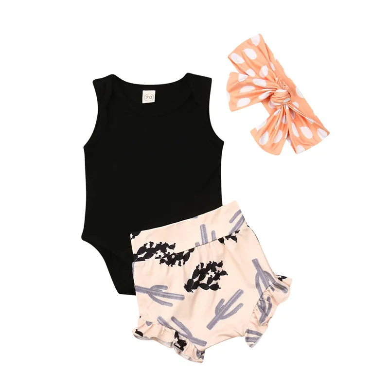 PUDCOCO/американский Летний повседневный комплект одежды для новорожденных девочек, хлопковый однотонный комбинезон без рукавов, короткие штаны, повязка на голову, комплект из 3 предметов, 0-24 мес - Цвет: Черный