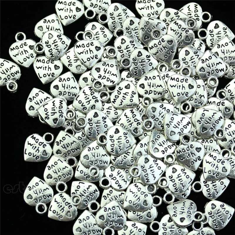 50 шт./компл. модное металлическое серебро Сделано с любовью CZ подвески в форме сердца Цепочки и ожерелья бусины для рукоделие большое отверстие бусины Браслеты подвески