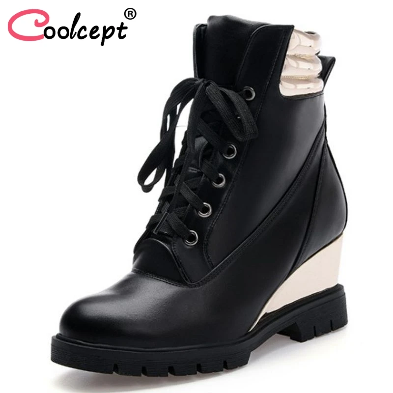 

Coolcept Women Ankle Boots Wedges Lace Up Mixed Color Round Toe Woman Short Boots Simple Elegant Shoes Woman Footwear Size 35-40