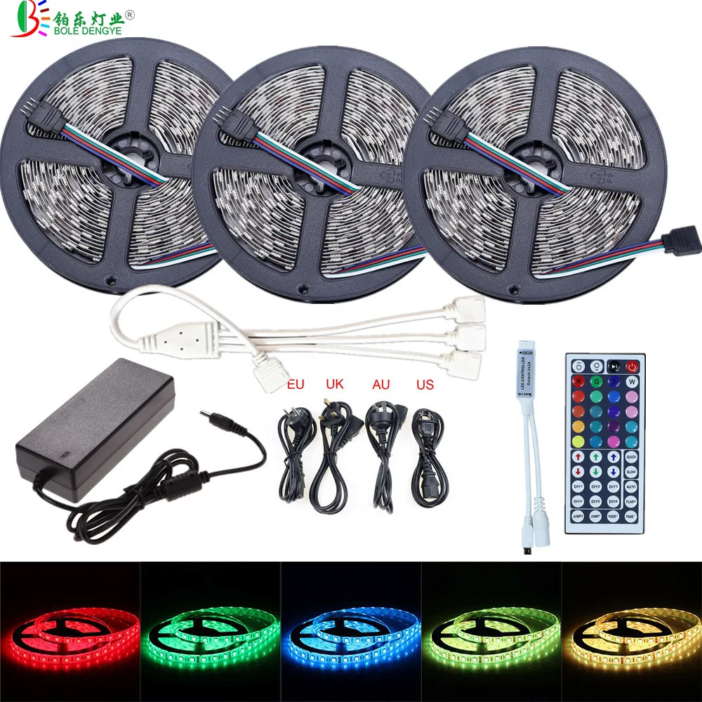 SMD 5050 RGB Светодиодные ленты 5 м 10 м 15 м 12V 30 светодиодный s/M Водонепроницаемый гибкий светодиодный лента белая веревка светильник+ 44key контроллер+ 12V Мощность