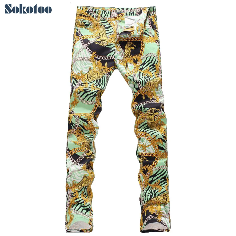 Sokotoo Men's fashion tiger chain print jeans Male slim fit thin denim pants Long trousers Free shipping Sokotoo Men's fashion tiger chain print jeans Male slim fit thin denim pants Long trousers Free shipping