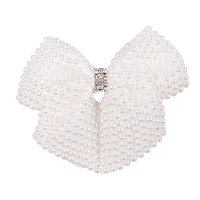 White Pearl Hair Bows With Hair Clips For Girls Kids Boutique Layers Bling Rhinestone Center Bows Hairpins Hair Accessories 4